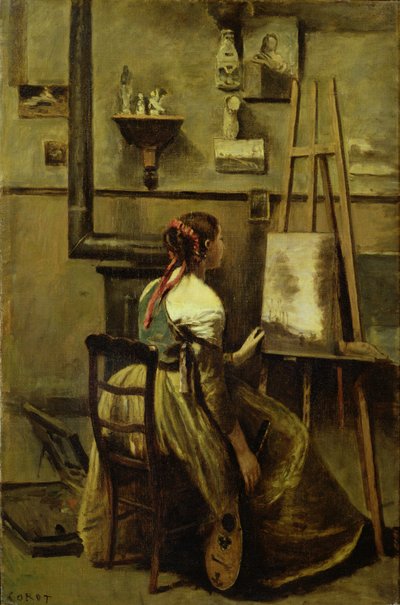 Het atelier van Corot, of Jonge vrouw zittend voor een ezel, 1868-70 door Jean Baptiste Camille Corot